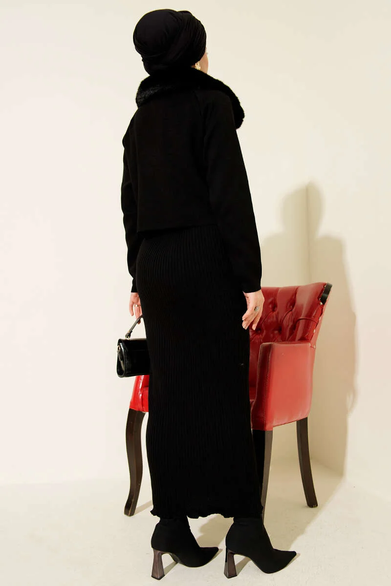 Faux Fur Detailed Knit Dress Black en gros dress view 3 - Hicabistan usine Turquie