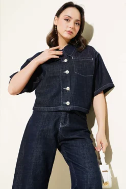 Short Sleeve Jacket Denim Two-Piece Set Dark Navy wholesale clothing set view 2 - Hicabistan Turkey factory