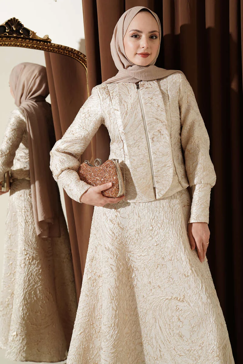 Textured Jacquard Skirt Set Beige Großhandel clothing set view 2 - Hicabistan Türkei Fabrik