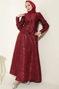 Textured Jacquard Skirt Set Burgundy wholesale clothing set view 2 - Hicabistan Turkey factory