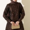Textured Jacquard Skirt Set Brown Großhandel clothing set view 2 - Hicabistan Türkei Fabrik