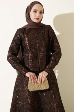 Textured Jacquard Skirt Set Brown all'ingrosso clothing set view 2 - Hicabistan fabbrica Turchia