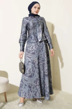 Textured Jacquard Skirt Set Navy Blue all'ingrosso clothing set view 2 - Hicabistan fabbrica Turchia