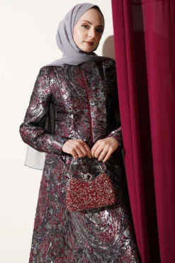 Textured Jacquard Skirt Set Purple all'ingrosso clothing set view 2 - Hicabistan fabbrica Turchia