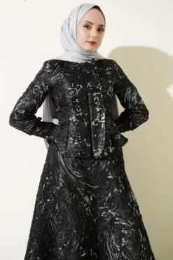 Textured Jacquard Skirt Set Black all'ingrosso clothing set view 2 - Hicabistan fabbrica Turchia