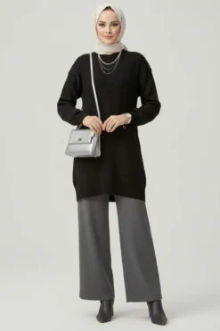 Textured Soft Knit Tunic Black groothandel tunic view 2 - Hicabistan Turkije fabriek