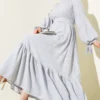 Textured Ruffled Belted Dress Grey