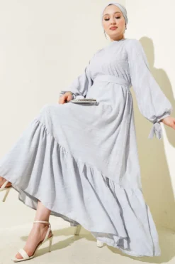 Textured Ruffled Belted Dress Grey
