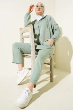 Hoodie with Pocket Zippered Two-Piece Set wholesale clothing set - Hicabistan Turkey factory