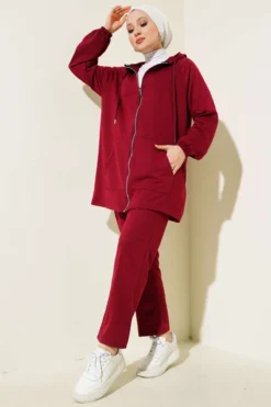 Hoodie with Pocket Zippered Two-Piece Set Burgundy wholesale clothing set - Hicabistan Turkey factory
