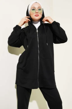 Hoodie with Pocket Zippered Two-Piece Set Black wholesale clothing set view 2 - Hicabistan Turkey factory