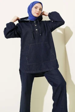 Hooded Denim Two-Piece Set Navy Blue all'ingrosso clothing set - Hicabistan fabbrica Turchia