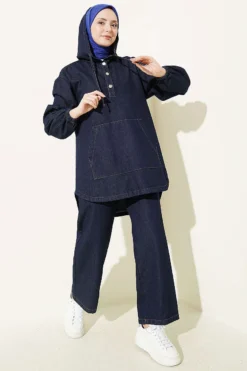 Hooded Denim Two-Piece Set Navy Blue all'ingrosso clothing set view 2 - Hicabistan fabbrica Turchia