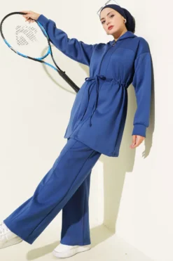 Hooded Waist Tunic with Drawstring Two-Piece Set Navy Blue