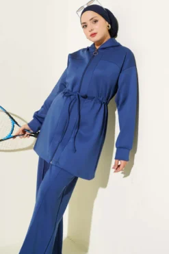 Alternative view of Hooded Waist Tunic with Drawstring Two-Piece Set Navy Blue