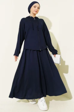 Hooded Skirted Two-Piece Set Navy Blue