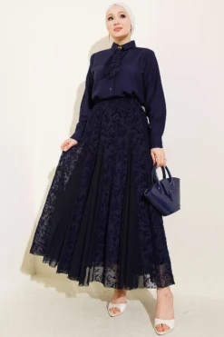 Flower Pattern Scarf Tulle Skirt Set Navy Blue