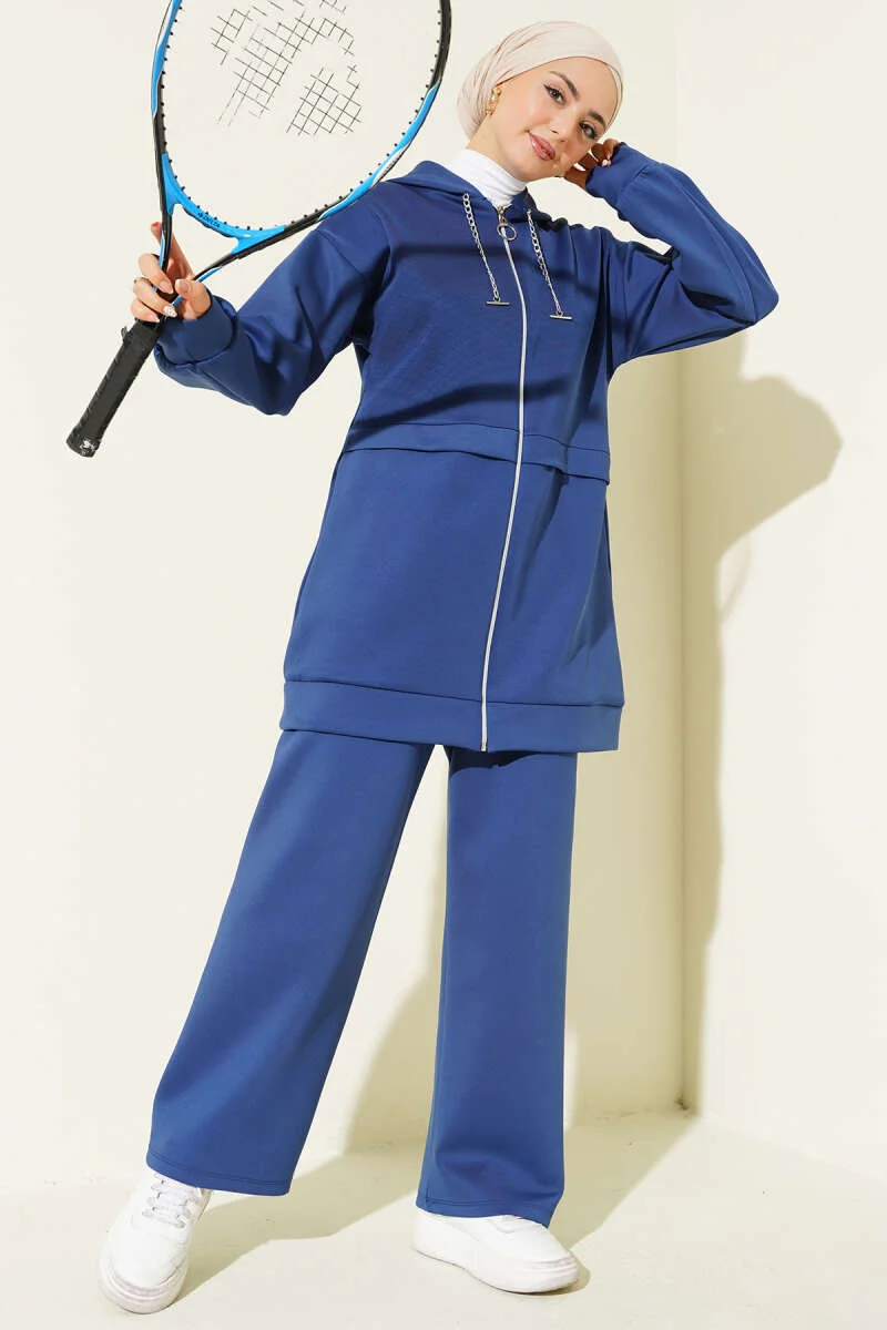 Hooded Zippered Scuba Two-Piece Set Navy Blue al por mayor clothing set - Hicabistan fábrica Turquía