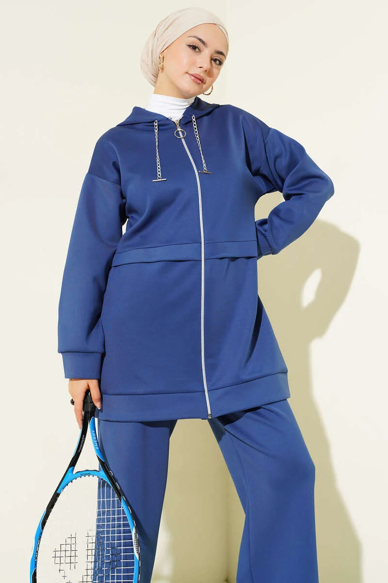 Hooded Zippered Scuba Two-Piece Set Navy Blue al por mayor clothing set view 2 - Hicabistan fábrica Turquía