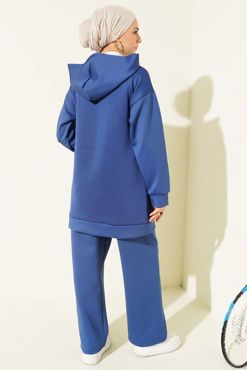 Hooded Zippered Scuba Two-Piece Set Navy Blue al por mayor clothing set view 3 - Hicabistan fábrica Turquía