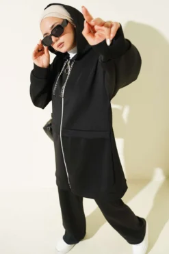 Hooded Zippered Scuba Two-Piece Set Black