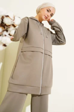 Hooded Zippered Scuba Two-Piece Set Mink