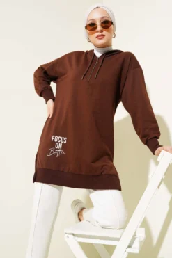 Hooded Half-Zip Printed Tunic Brown