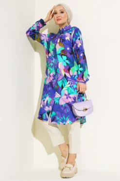 Alternative view of Mixed Pattern Hidden Button Shirt Purple