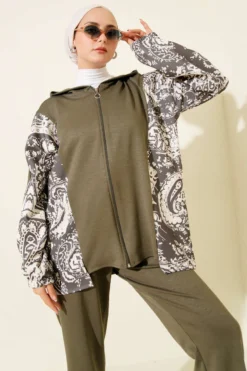 Alternative view of Mixed Pattern Zip-Up Two-Piece Set Khaki