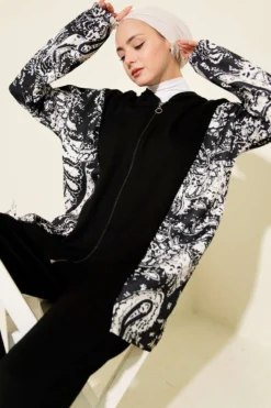 Alternative view of Mixed Pattern Zip-Up Two-Piece Set Black