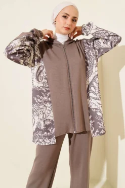 Alternative view of Mixed Pattern Zip-Up Two-Piece Set Mink