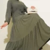 Layered Ruffled Dress with Belt Khaki