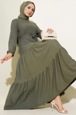 Layered Ruffled Dress with Belt Khaki