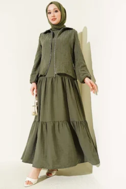 Layered Tencel Dress Set Khaki all'ingrosso clothing set view 2 - Hicabistan fabbrica Turchia