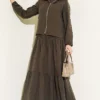 Layered Tencel Dress Set Brown Großhandel clothing set view 2 - Hicabistan Türkei Fabrik