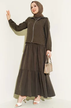 Layered Tencel Dress Set Brown all'ingrosso clothing set view 2 - Hicabistan fabbrica Turchia