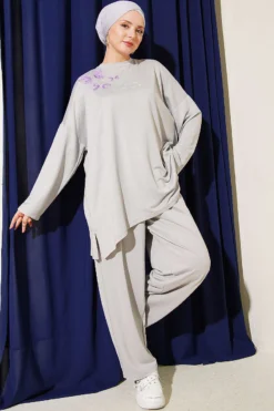 Butterfly Embroidered Two-Piece Set Grey