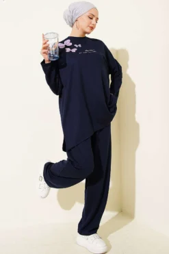 Butterfly Embroidered Two-Piece Set Navy Blue