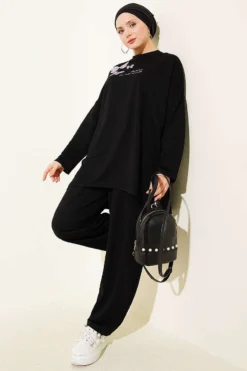 Butterfly Embroidered Two-Piece Set Black