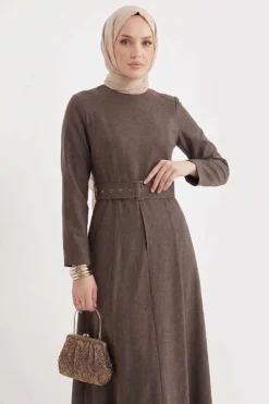 Belted Denim Dress Brown wholesale dress - Hicabistan Turkey factory
