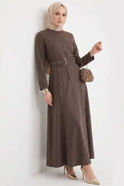 Belted Denim Dress Brown wholesale dress view 2 - Hicabistan Turkey factory