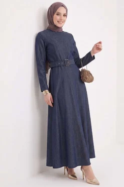 Belted Denim Dress Navy Blue wholesale dress - Hicabistan Turkey factory