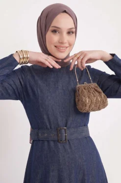 Belted Denim Dress Navy Blue wholesale dress view 2 - Hicabistan Turkey factory