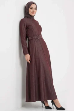 Belted Denim Dress Plum wholesale dress - Hicabistan Turkey factory