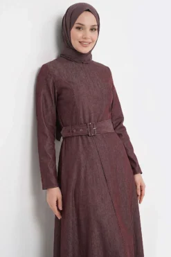 Belted Denim Dress Plum wholesale dress view 2 - Hicabistan Turkey factory