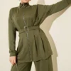Belted Trousers Set Khaki wholesale clothing set view 2 - Hicabistan Turkey factory