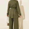 Belted Trousers Set Khaki wholesale clothing set view 3 - Hicabistan Turkey factory