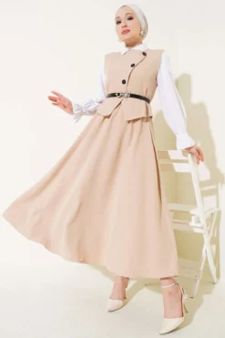 Belted Cross-Button Vest Set Beige