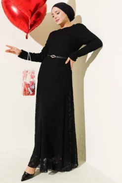 Belted Gathered Lace Dress Black en gros dress - Hicabistan usine Turquie