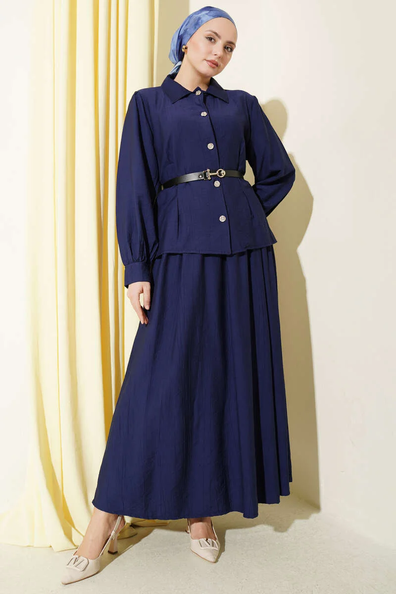 Belted Pleated Skirt Two-Piece Set Navy Blue groothandel clothing set - Hicabistan Turkije fabriek